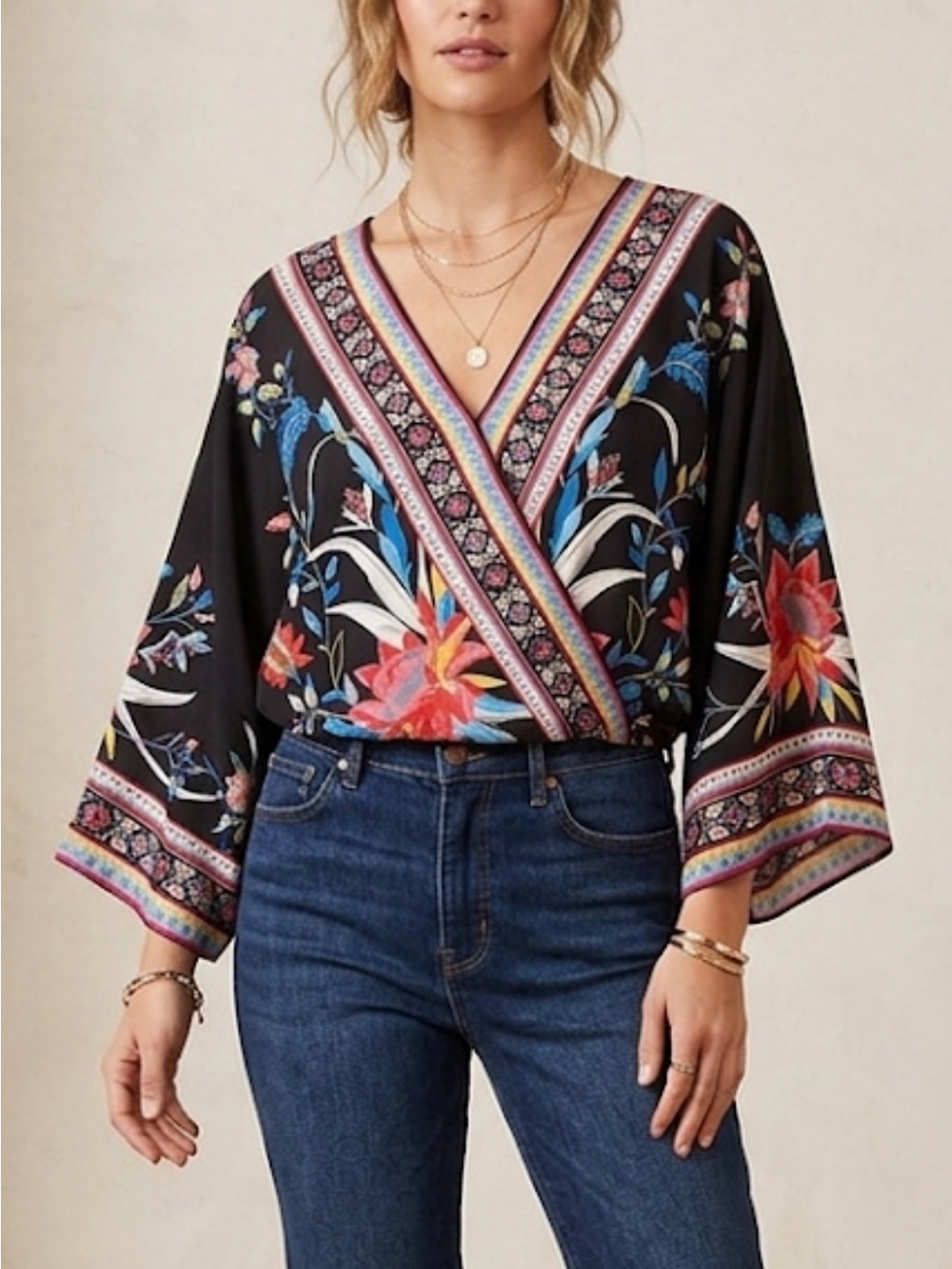 Flying Tomato Black Floral Wrap Blouse
